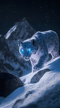 A mystical snow leopard with glowing blue eyes in a snowy landscape.