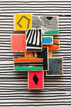 Bold, high-contrast stickers with geometric patterns and vibrant colors rest on a dynamic black and white striped background. perfect for artistic ventures, print designs, or modern decor, the composition exudes creativity and energy.