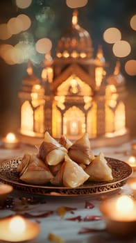 A plate of samosas in front of a beautifully lit structure.