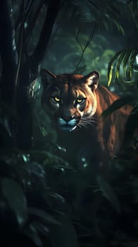 A powerful feline prowls through a dense, shadowy jungle.