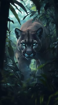 A powerful puma stealthily moves through a dense, misty forest.