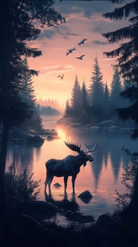 A serene moose by a tranquil lake at sunset with birds flying.