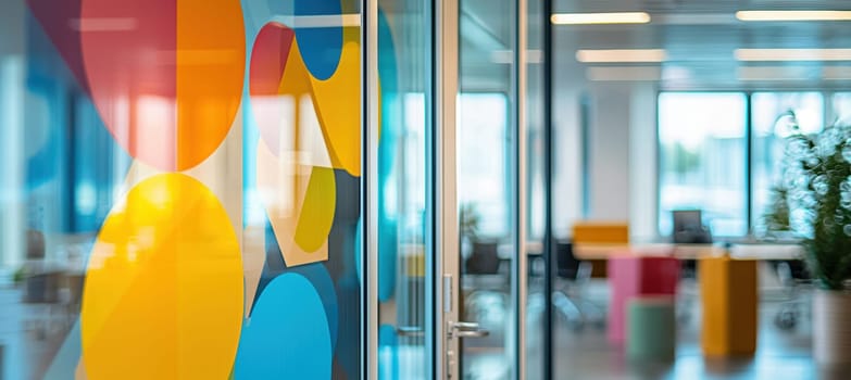 A close-up view of a vinyl sticker with a vibrant geometric pattern on an office glass partition. the blurred background features a contemporary workspace, emphasizing a sleek, professional environment suitable for design inspiration and decor.
