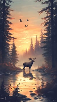 A serene moose standing in a reflective river at sunset.