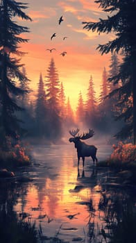 A serene moose stands by a tranquil lake at sunset.