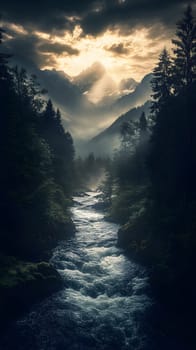 A serene river flows through a misty forest landscape at dusk.