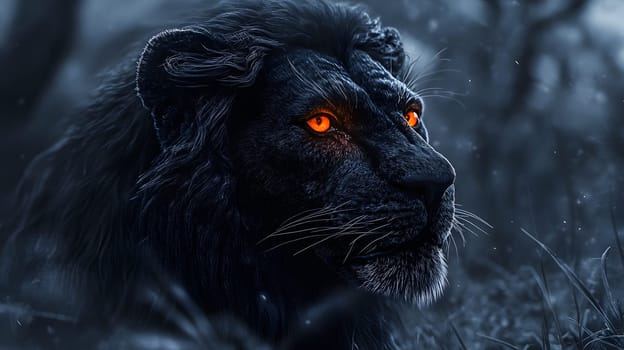 A striking black lion with glowing orange eyes in a mystical setting.