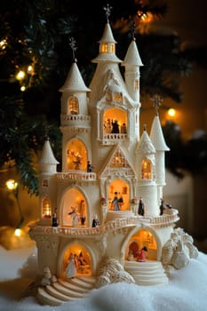 An intricately designed advent calendar resembling a snow-covered castle, adorned with tiny windows revealing miniature figurines. set in a sophisticated ambiance with soft, glowing lights, exuding a cozy, festive holiday spirit.