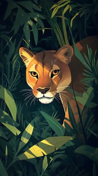 A stylized depiction of a lioness in a lush jungle setting.