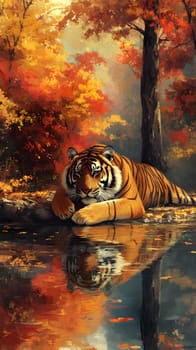 A tiger resting beside a tranquil pond in a vibrant autumn landscape.