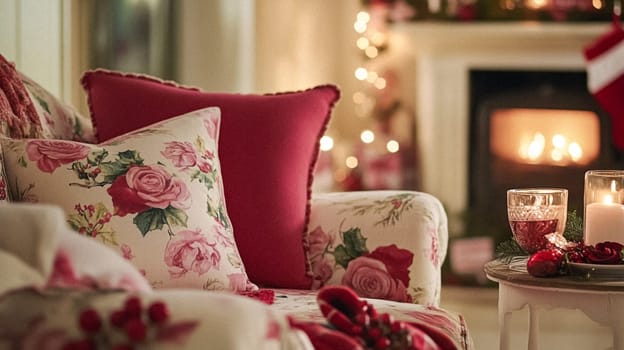 Christmas, holiday decor and country cottage style, cosy atmosphere, decorated Christmas tree in the English countryside house living room with fireplace, interior decoration idea