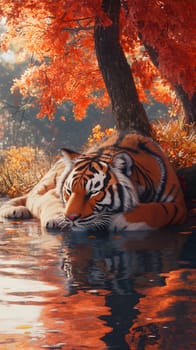 A tiger resting by a tranquil water body amidst autumn foliage.
