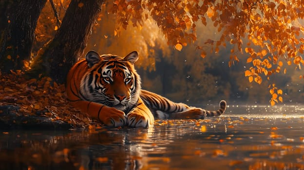 A tiger resting by a tranquil, autumn-colored lake.