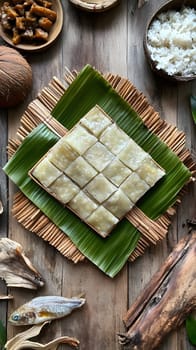 A traditional dish served on a banana leaf with various accompaniments.