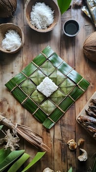 A traditional food preparation scene with woven leaves and rice.