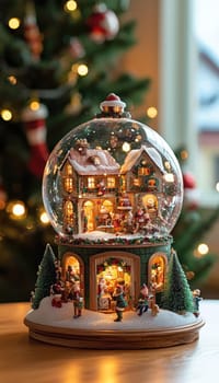 A snow globe-shaped advent calendar features miniature holiday figurines behind each door, set in a cozy living room with a glowing christmas tree in the background. warm, ambient lighting enhances the festive atmosphere.