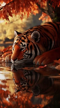 A tranquil tiger resting by a serene, reflective water surface.