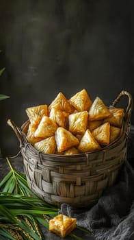A woven basket filled with golden triangular pastries.
