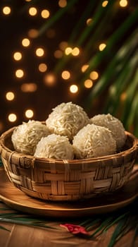 A woven basket filled with round, white rice balls on a wooden surface.