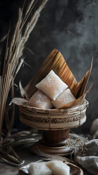 A woven basket holds traditional sweets wrapped in leaves.