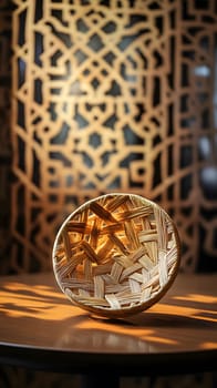 A woven basket sits elegantly against a decorative background.