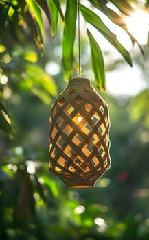 A woven lantern hanging amidst lush greenery, casting warm light.