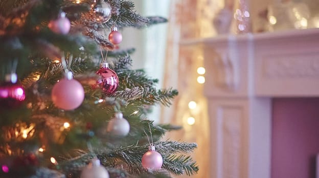 Christmas, holiday decor and country cottage style, cosy atmosphere, decorated Christmas tree in the English countryside house living room with fireplace, interior decoration idea