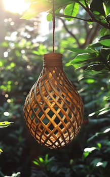 A woven lantern hanging amidst lush greenery, creating a serene ambiance.