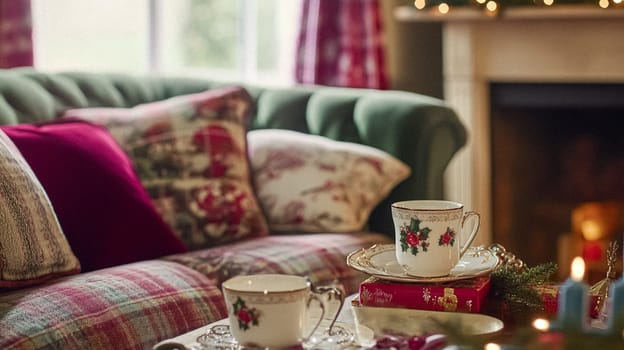 Christmas, holiday decor and country cottage style, cosy atmosphere, decorated Christmas tree in the English countryside house living room with fireplace, interior decoration idea