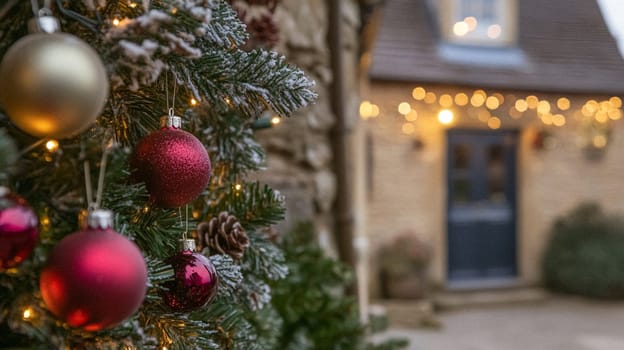Christmas in the countryside, cottage decorated for holidays on a snowy winter evening with snow and holiday lights, English country styling inspiration