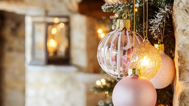 Christmas, holiday decor and country cottage style, cosy atmosphere, decorated Christmas tree in the English countryside house living room with fireplace, interior decoration idea