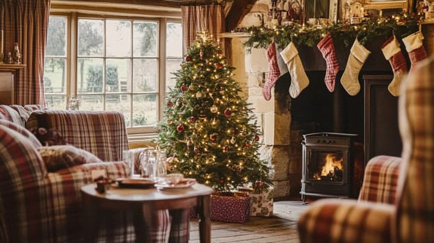 Christmas, holiday decor and country cottage style, cosy atmosphere, decorated Christmas tree in the English countryside house living room with fireplace, interior decoration idea