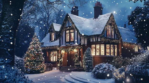 Christmas in the countryside, cottage decorated for holidays on a snowy winter evening with snow and holiday lights, English country styling inspiration