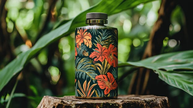 A stainless steel flask adorned with a colorful jungle-themed vinyl sticker, set against lush tropical foliage. the lively design features vibrant hues, creating an eye-catching outdoor aesthetic perfect for travel or nature enthusiasts.