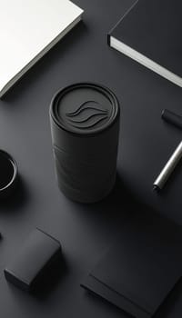 A matte black coffee tumbler adorned with a minimalist circular sticker featuring a clean design. it is surrounded by sophisticated office supplies, creating a harmonious setting with a focus on sleek and modern aesthetics.
