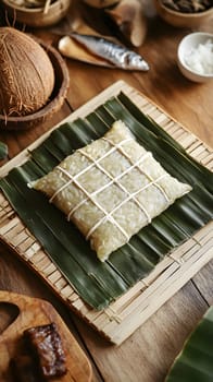 A wrapped dish prepared with rice and banana leaves for cooking.