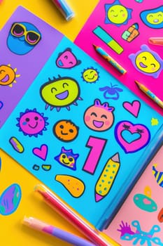 Top-down view of colorful sticker sheets featuring cheerful emoji designs. brightly colored backgrounds enhance the playful and youthful appeal, ideal for creative branding, stationery, or decor.
