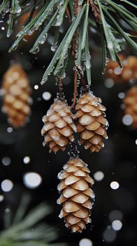 Close-up of pine cones with droplets, surrounded by falling snow.