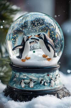 Penguins engage in a playful snowball fight inside a mesmerizing snow globe, set on a base adorned with charming arctic animal illustrations. the swirling snow adds a whimsical touch, perfect for winter-themed decor or gifts.