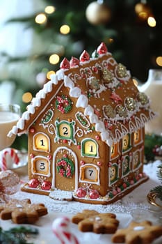A charming gingerbread house-shaped advent calendar with colorful icing and numbered doors, set on a festive table. surrounded by christmas cookies and milk, it exudes holiday spirit amidst sparkling ornaments and a decorated tree.