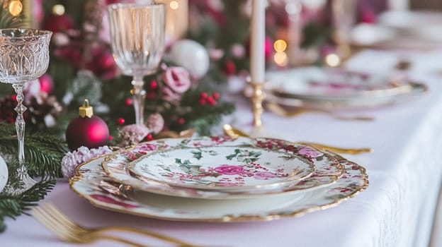 Christmas tablescape decoration, formal family dinner holiday celebration, luxury table setting decor, English country and home style idea