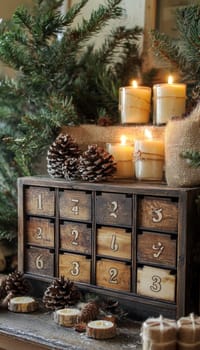 A rustic advent calendar crafted from repurposed wood features numbered drawers containing handmade candles and soaps. adorned with pinecones and burlap, it creates a cozy, festive atmosphere perfect for holiday decor.