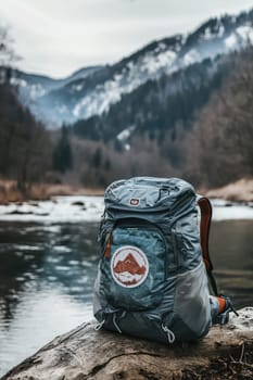 Minimalist logo design sticker showcased on a water-resistant backpack, placed on a tree stump amidst a serene forest. the scene highlights adventurous branding, suitable for use in promotional outdoor-themed content and merchandise.