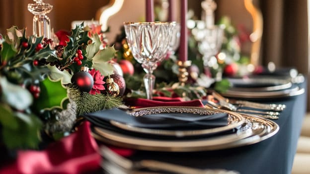 Christmas tablescape decoration, formal family dinner holiday celebration, luxury table setting decor, English country and home style idea