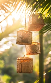Three woven baskets hanging in a sunlit tropical setting.