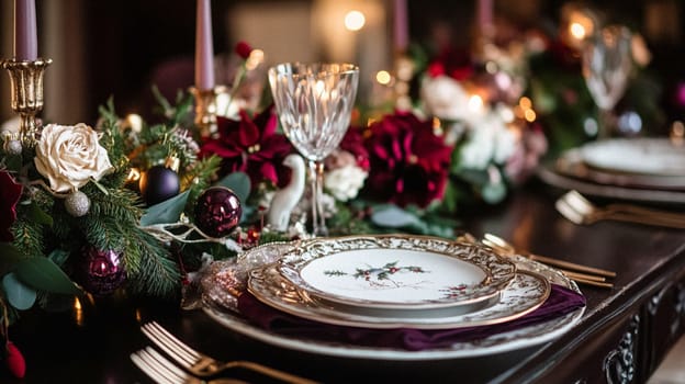 Christmas tablescape decoration, formal family dinner holiday celebration, luxury table setting decor, English country and home style idea