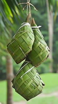 Three woven green packets hanging outdoors, likely for food.
