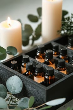A wooden advent calendar showcases small compartments with premium essential oil bottles. the serene display is complemented by eucalyptus leaves, candles, and a soothing spa-like ambiance, perfect for promoting wellness during the holiday season.