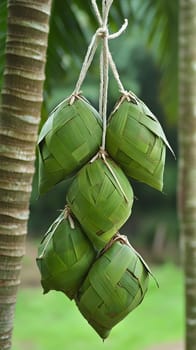 Traditional green rice dumplings made from woven leaves.