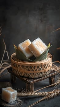 Two pieces of dessert on leaves in a bamboo steamer basket.